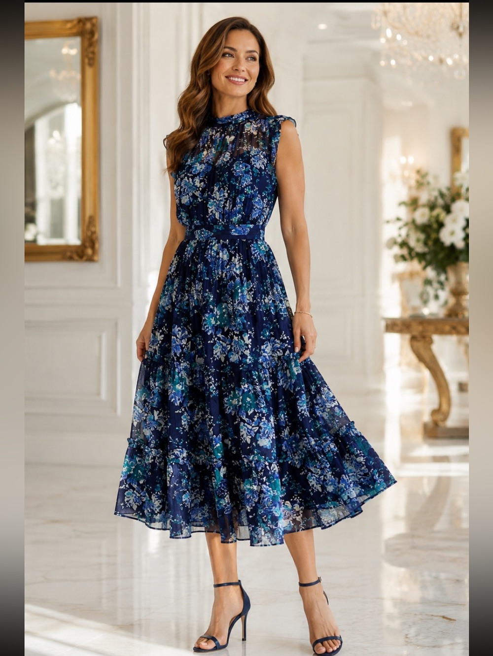 New Derek Lam Navy Floral Maxi Dress with Teal & White Accents size 00, 10